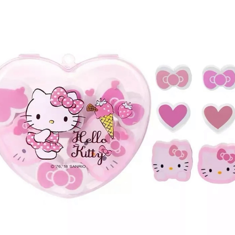 Sanrio Hello Kitty Pink Hearts&bows Erasers with mini heart shaped case included